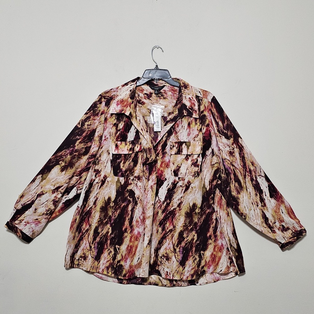 Investments Woman Topโ Blouse 3X Brown Button Front Pockets Long Sleeves 764
